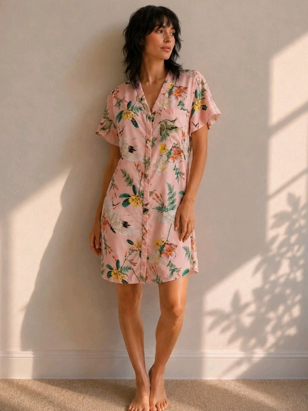 Pink Floral Shirtdress Shift Green Swan Print Summer Graphic Twee Size Small